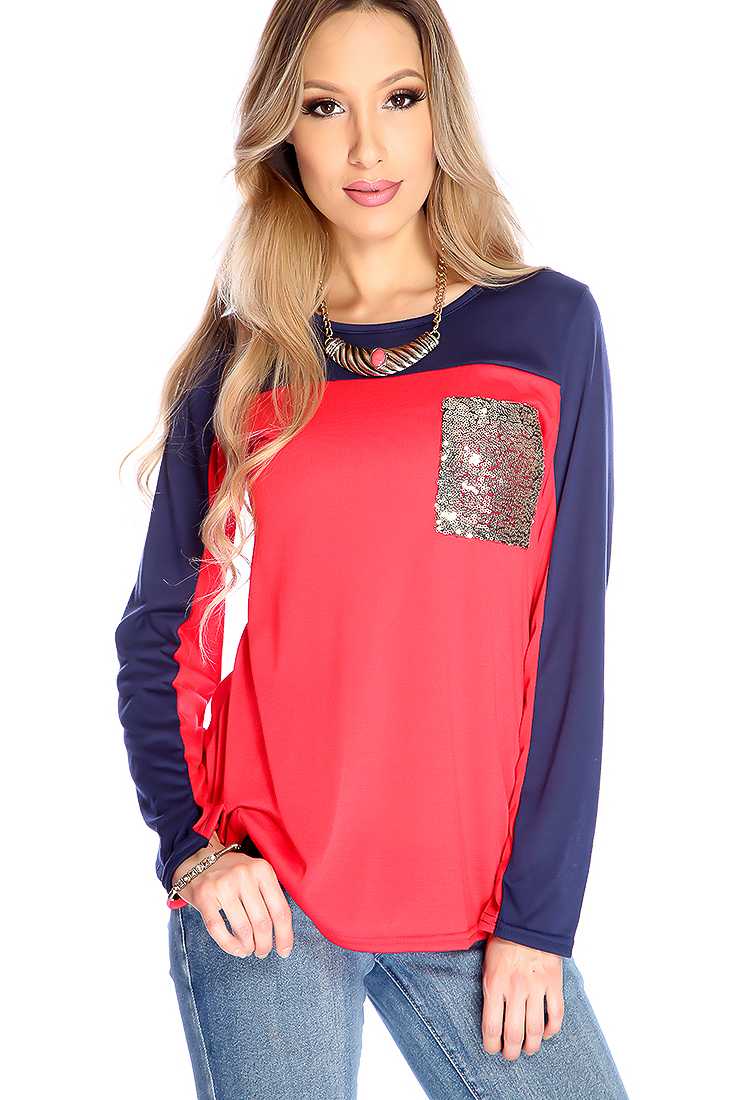 Red Navy Long Sleeve Sequence Detail Casual Top