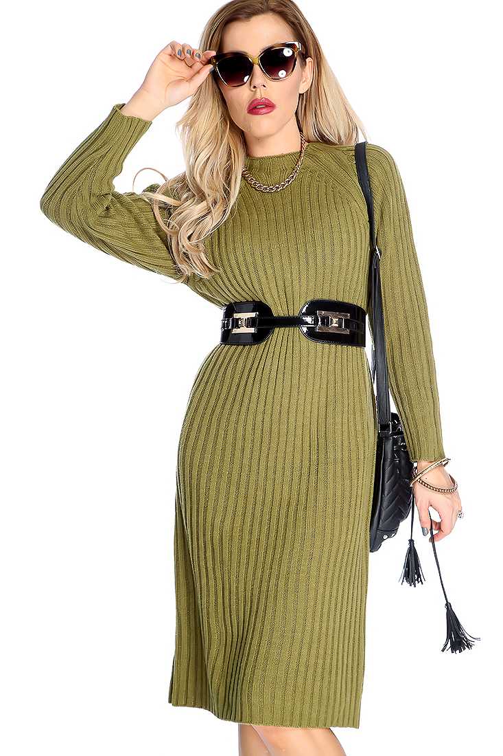 Sexy Olive Knitted Ribbed Long Sleeve Sweater Dress