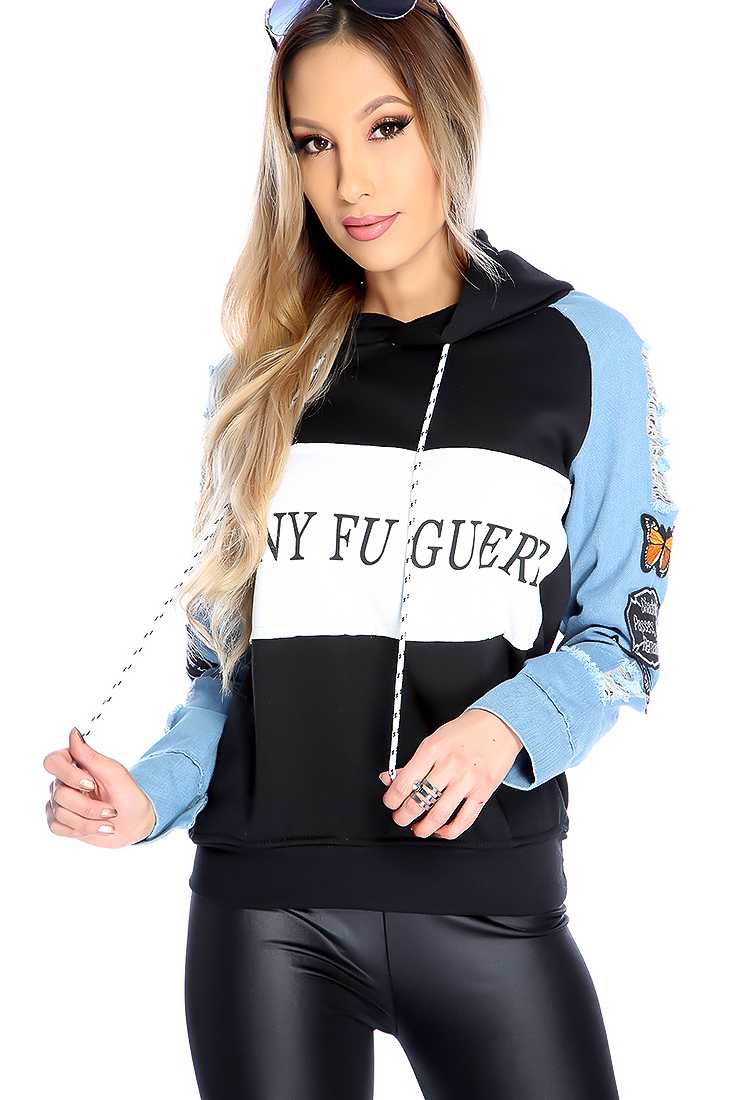 Black Blue Denim Long Sleeve Patched Sweater