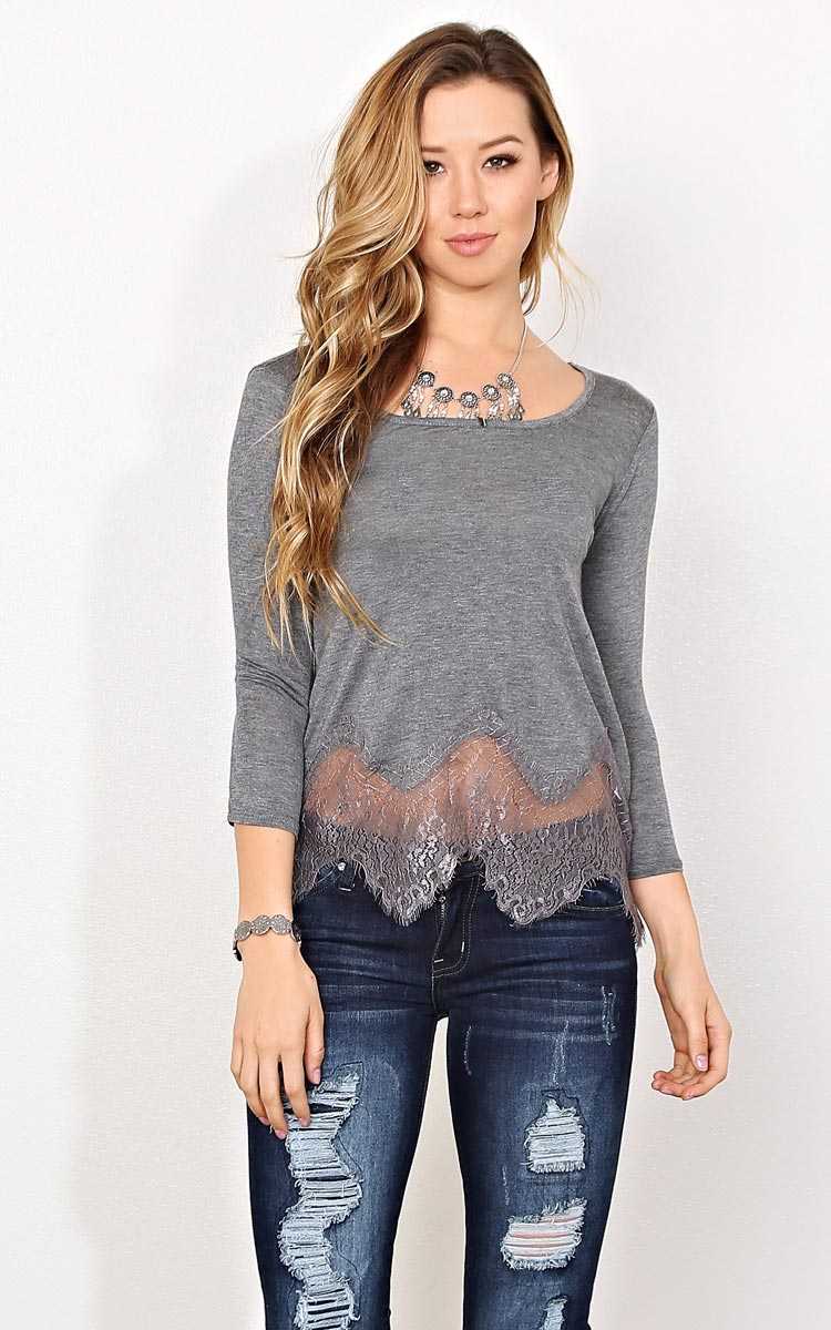 Charcoal Lace Trim Boxy Knit Top - SML - Charcoal in Size Small by Styles For Less