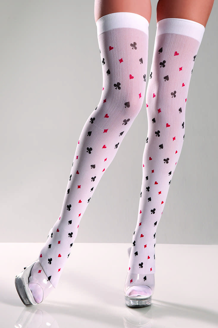 White Playing Card Pattern Thigh Highs