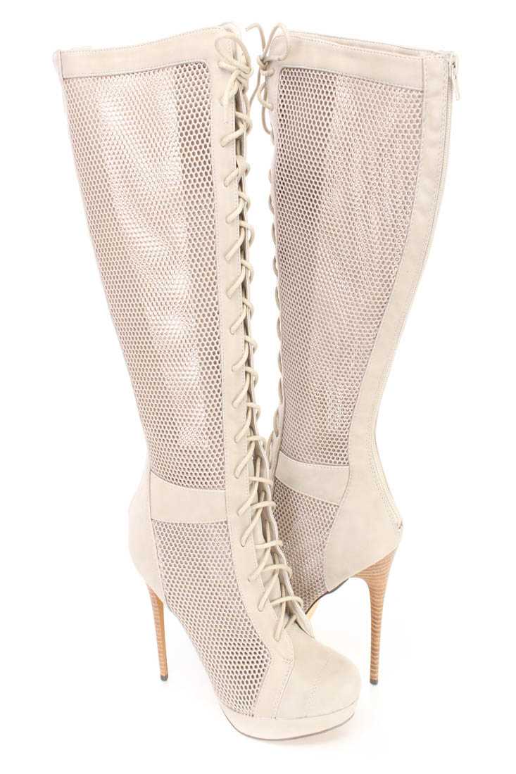 Grey Netted Lace Up High Heel Boots Faux Leather