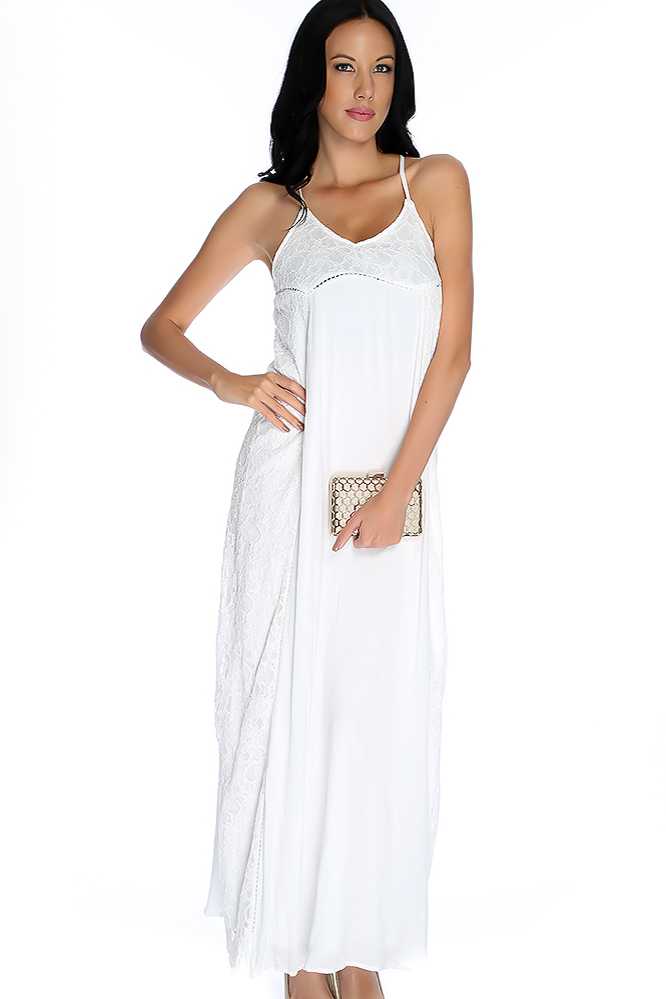 White Lace Detail V Neck Sleeveless Party Dress