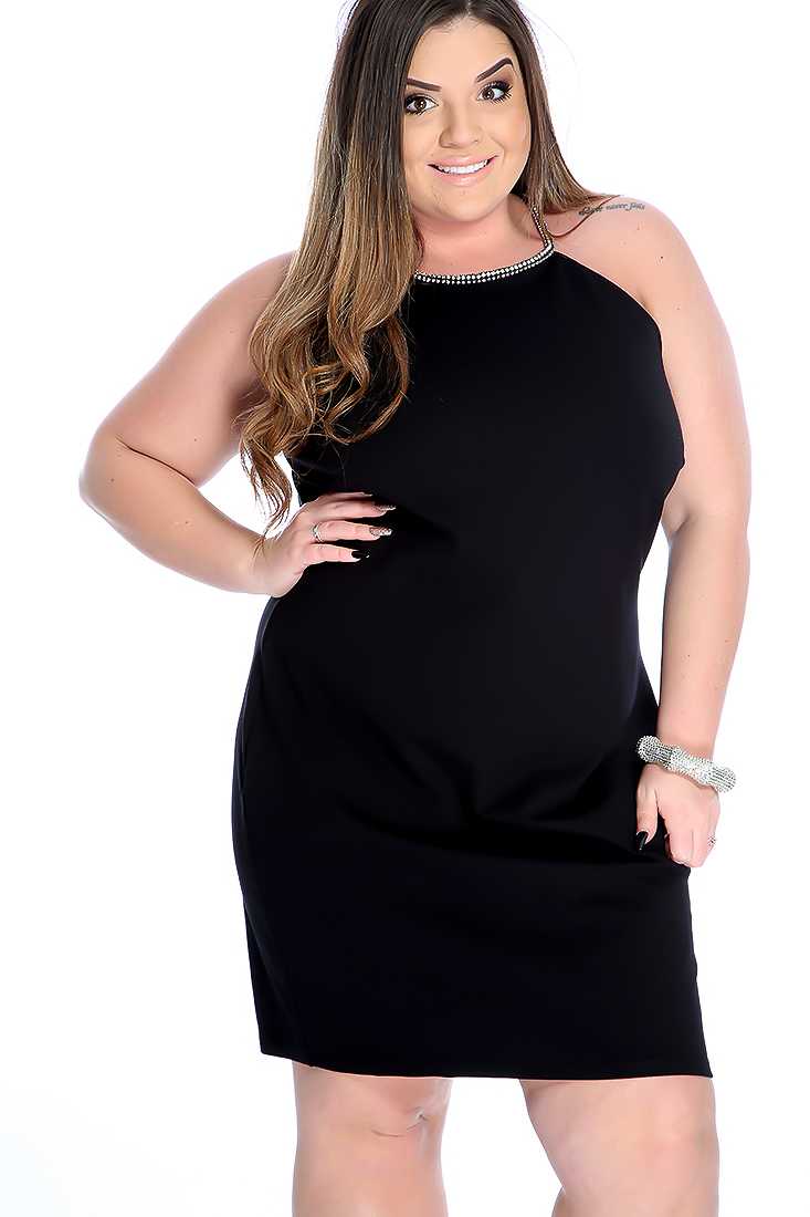 Black Sleeveless Rhinestone Straps Plus Size Party Dress