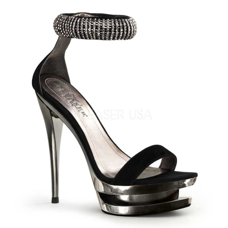 Black Pewter Rhinestone Ankle High Heels Faux Suede