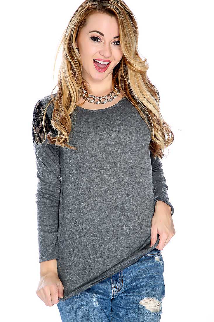 Charcoal Black Floral Mesh Long Sleeve Casual Top