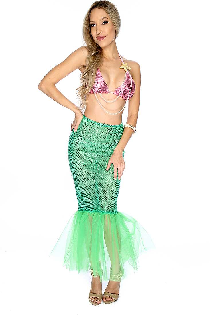Pink Green Sequin Faux Pearl 2.Piece Mermaid Costume