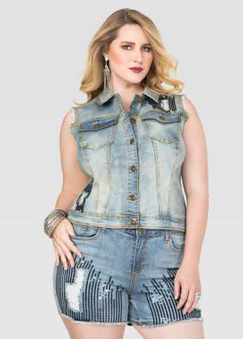 Destructed Sequin Jean Vest