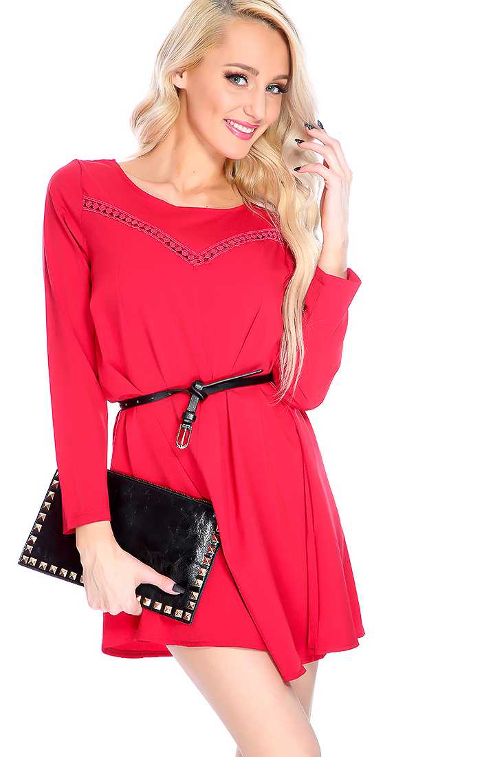 Stylish Burgundy Long Sleeve Casual Dress