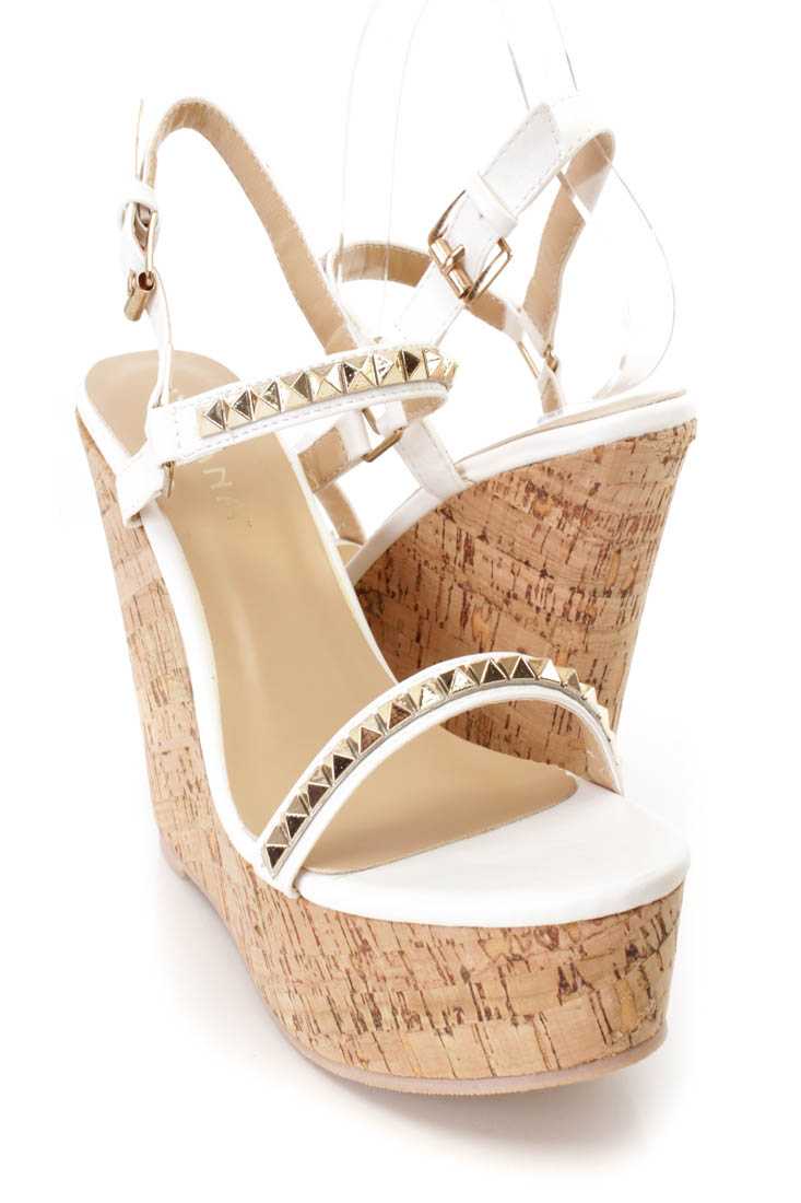 White Studded Open Toe Cork Platform Wedge Faux Leather