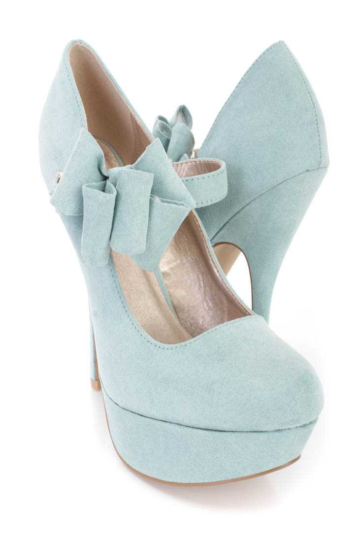 Sage Ruffled Bow Maryjane Heels Faux Suede