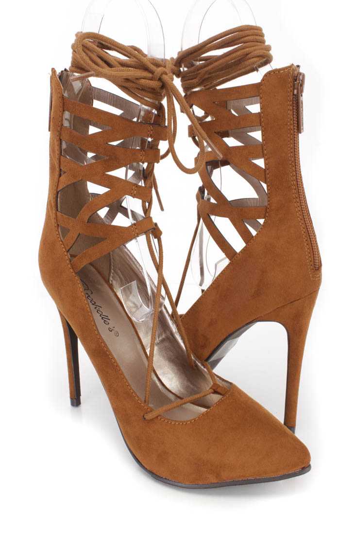 Tan Wrap Around Tie Single Sole High Heels Faux Suede