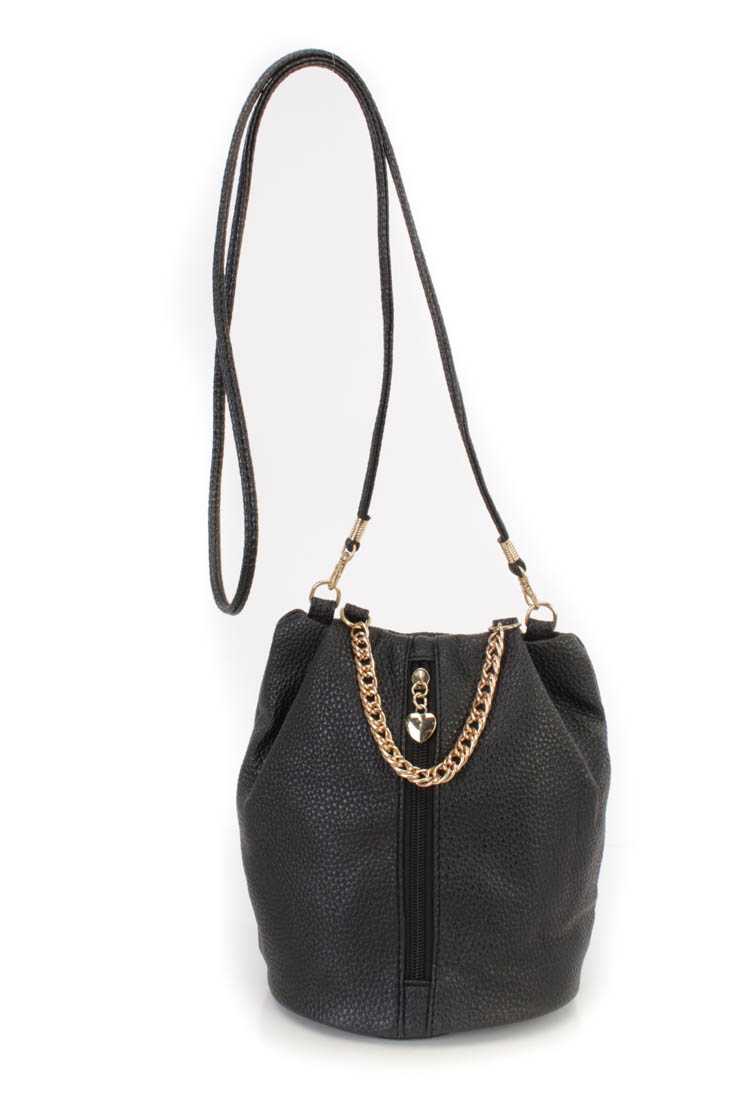 Black Crinkle Faux Leather Bucket Handbag
