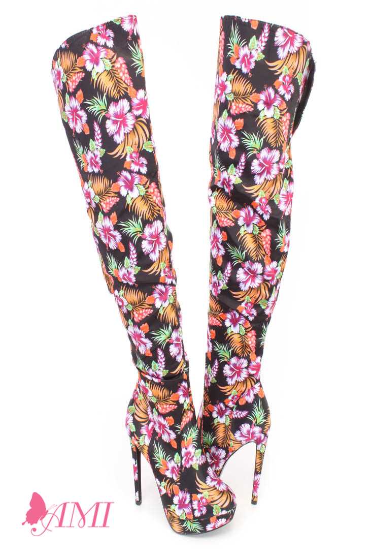 Pink Flower Print Thigh High Platform High Heel Boots Fabric
