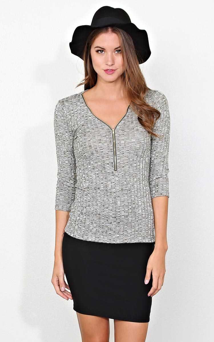Zip It Rib Knit Top - MED - Olive Combo in Size Medium by Styles For Less