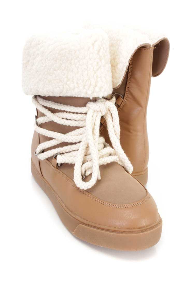 Taupe Woven String Faux Shearing Cuff Booties Faux Leather