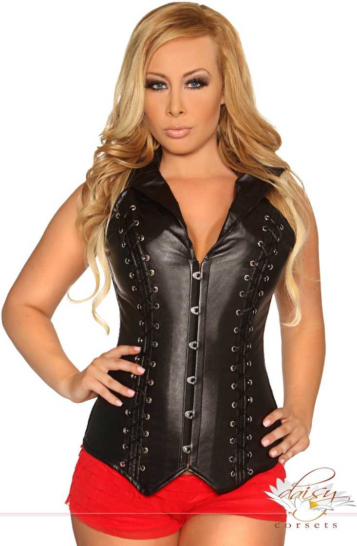 Black Faux Leather Long Line Halter Collared Corset