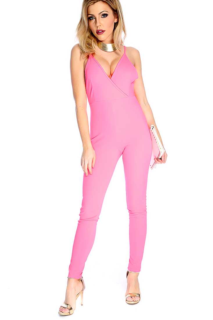 Sexy Neon Pink Sleeveless V Neck Strappy Back Jumpsuit