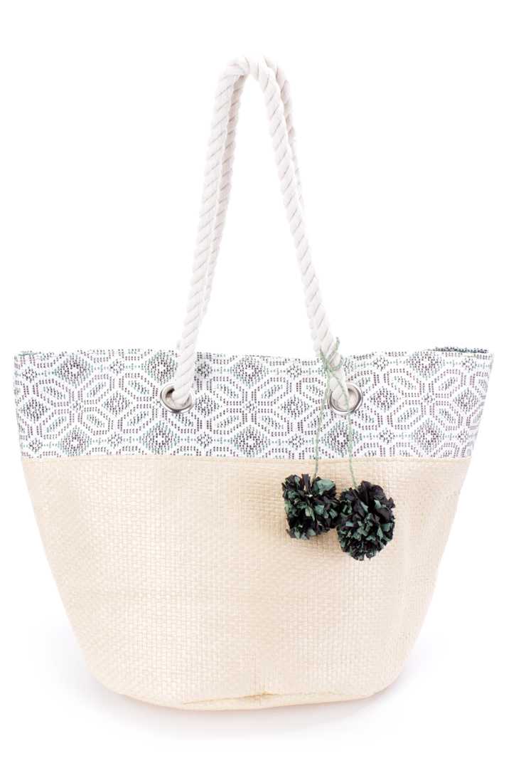 Beige Green Straw Woven Pattern Beach Pomp Pom Tote Handbag