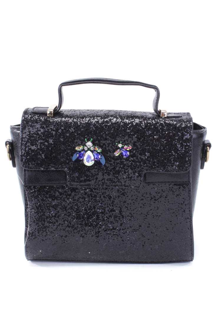 Black Glitter Gemstone Bug Broach Handbag