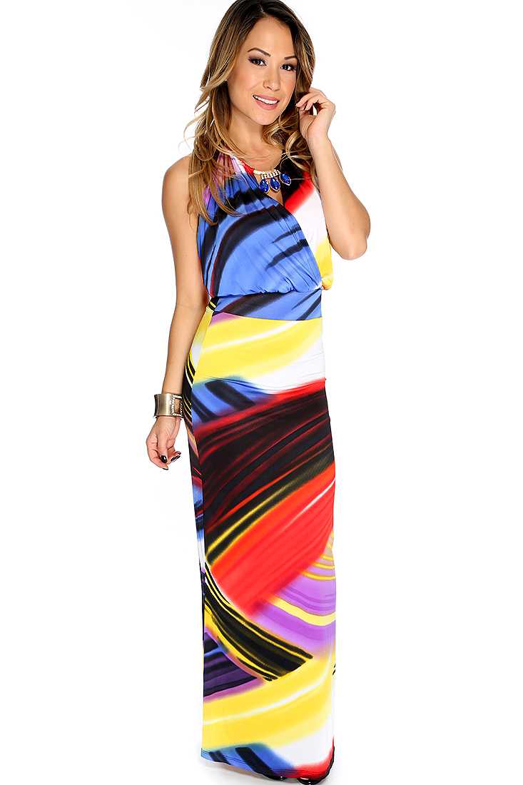 Sexy Royal Blue Red Abstract Print Backless Maxi Dress