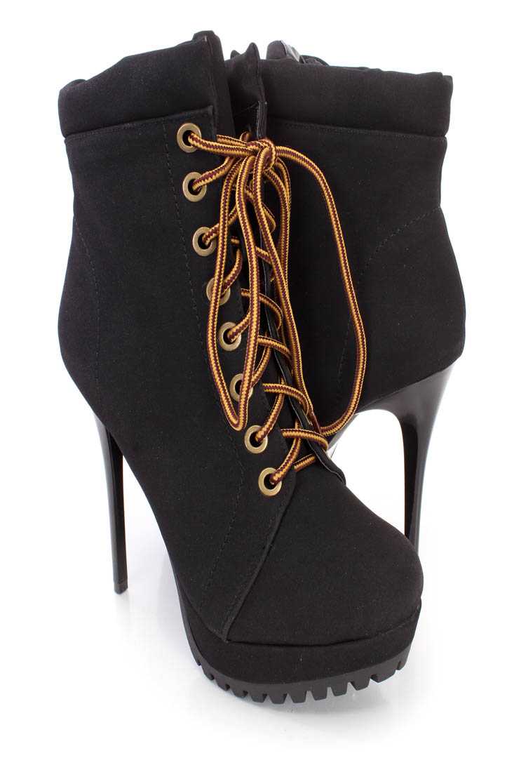 Black Platform Stiletto High Heel Booties Faux Suede