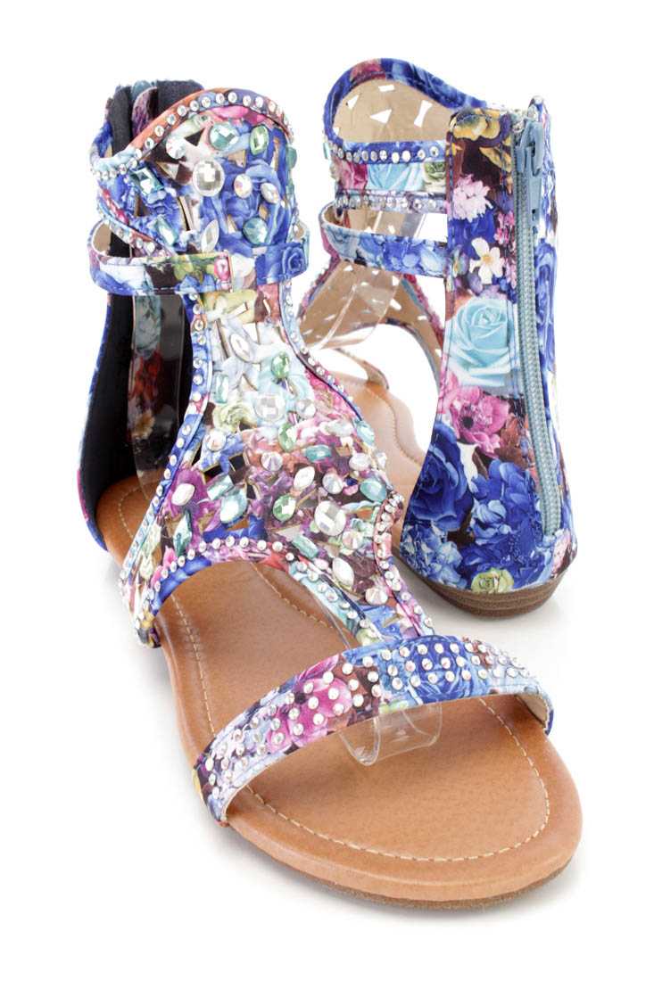Blue Floral Print Rhinestone Strappy Sandals Fabric