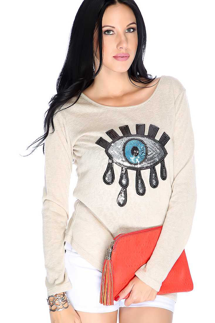 Beige Long Sleeve Sequin Eye Burnout Knit Causal Top