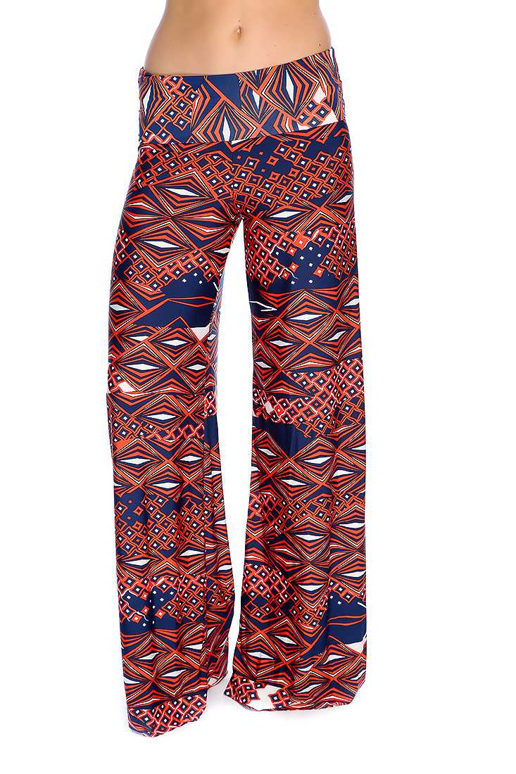 Navy Orange Geometric Print Wide Leg Cute Casual Pants