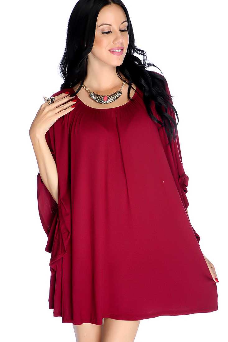 Burgundy Off Shoulders Flare Quarter Sleeve Casual Dress
