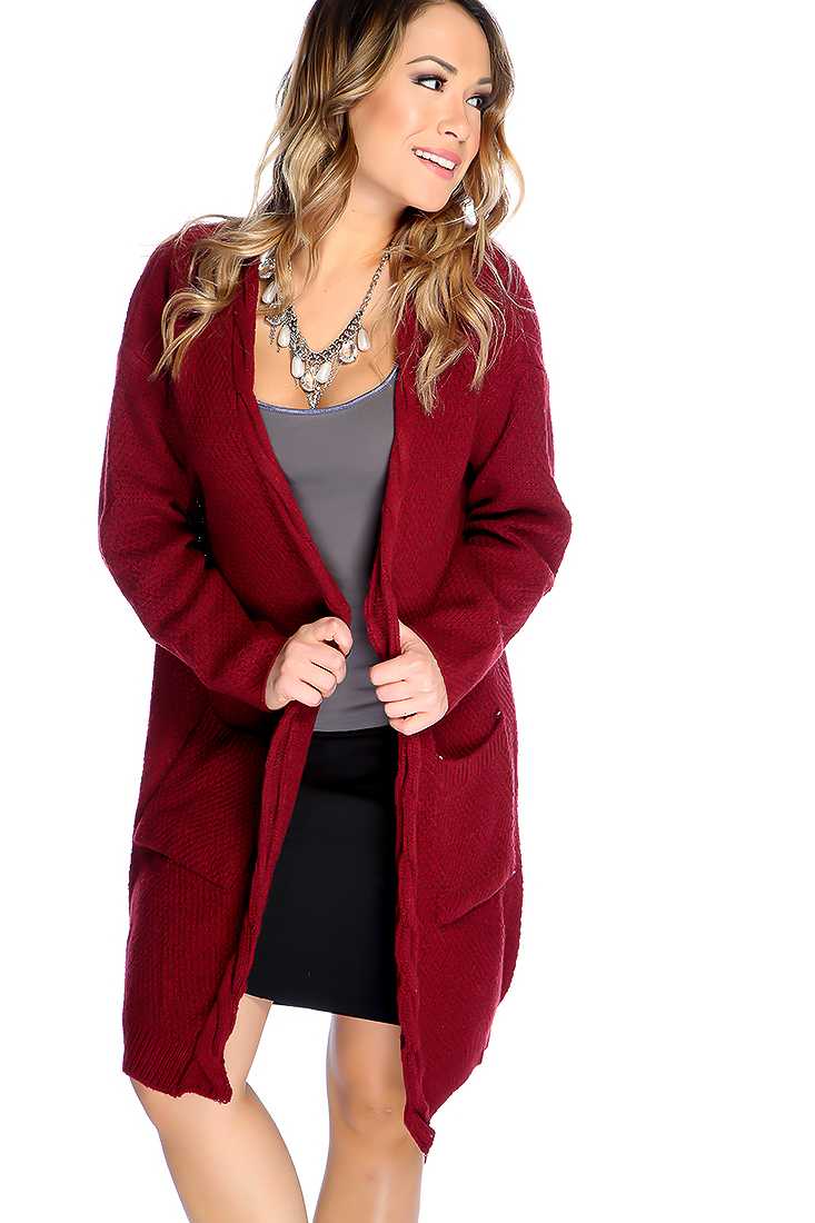 Burgundy Knitted Open Front Long Cardigan