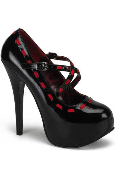 Black Red Criss Cross Strap Ribbon Trim Platform Pump High Heels