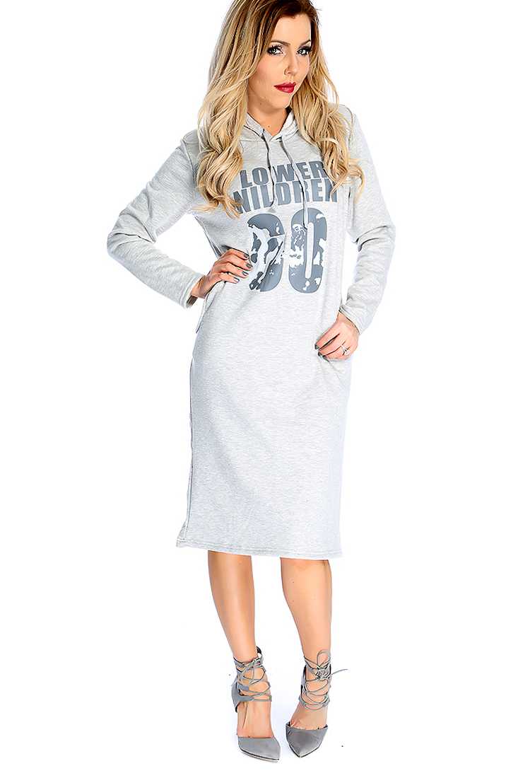 Grey Long Sleeve Plush Lining Graphic Print Sweater Dress