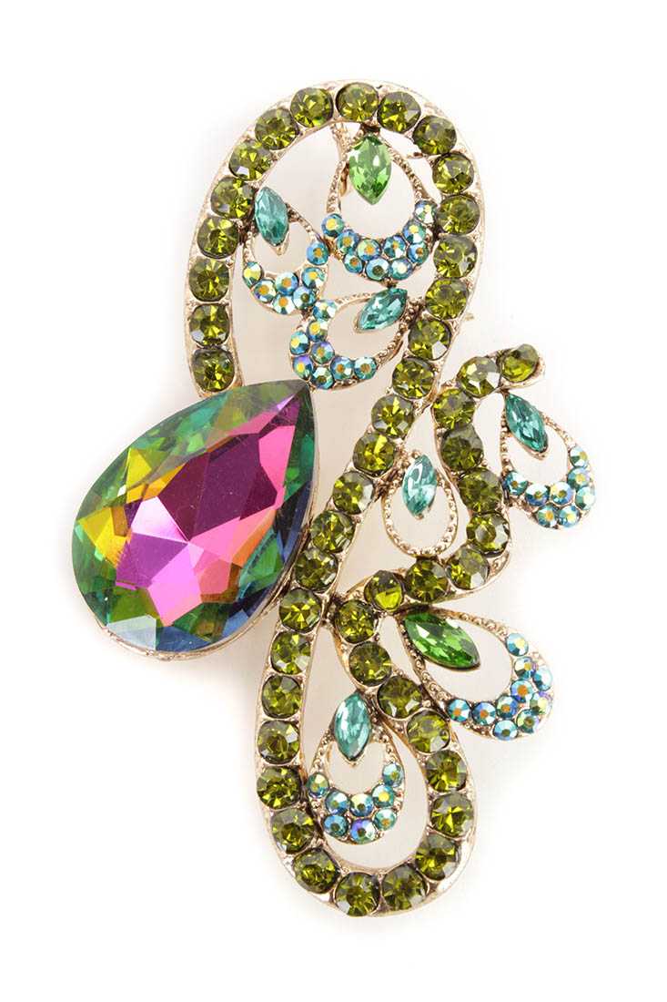 Green Two Tone Intricate Rhinestone Detail Brooch