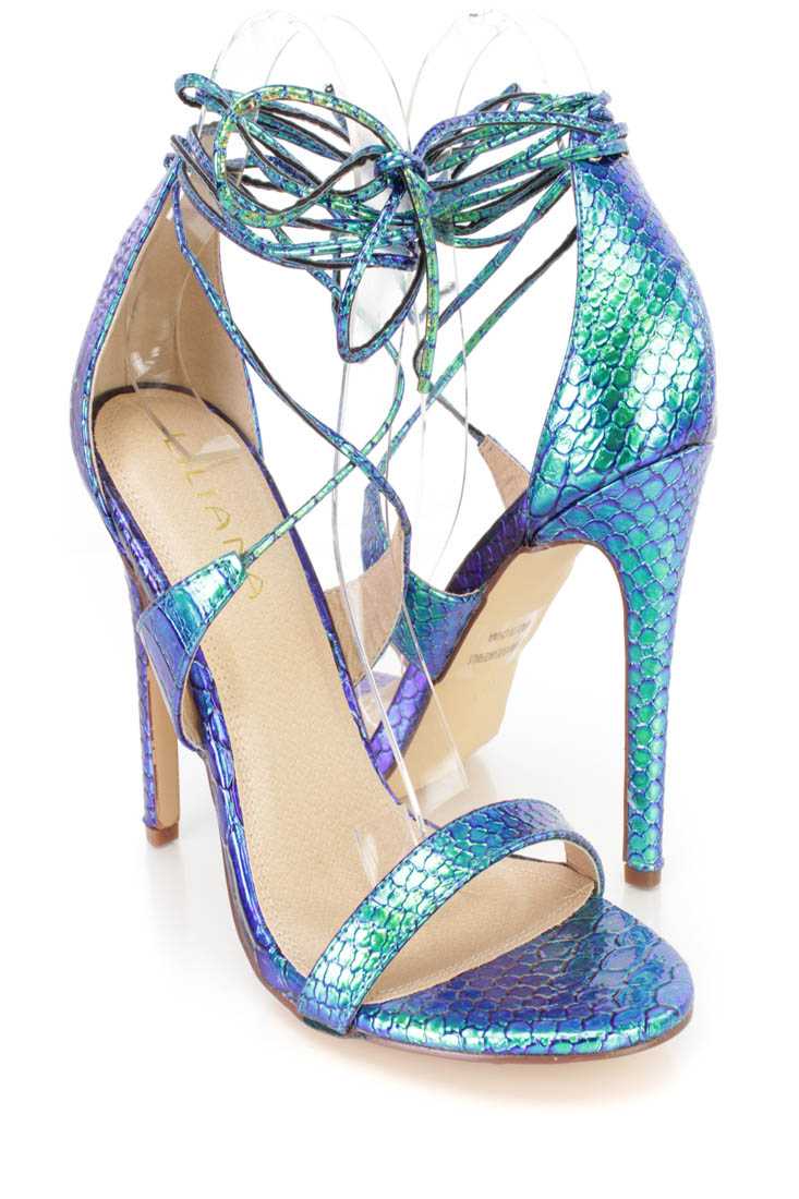 Green Hologram Lace Up Open Toe Single Sole High Heels Faux Leather