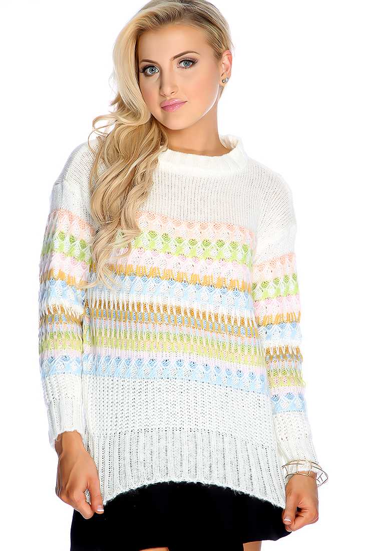 White Long Sleeve Knitted Pattern Sweater Top