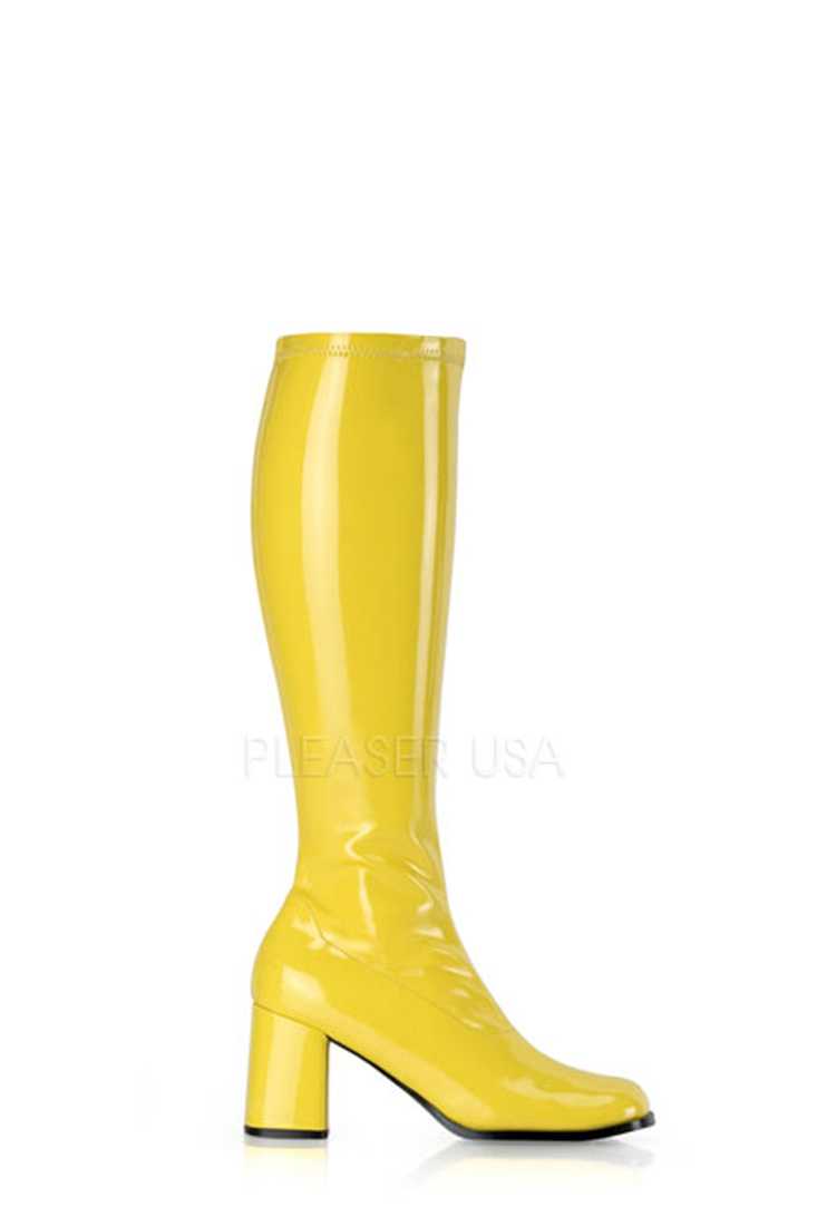 Yellow Chunky Heel GoGo Boots Patent Faux Leather