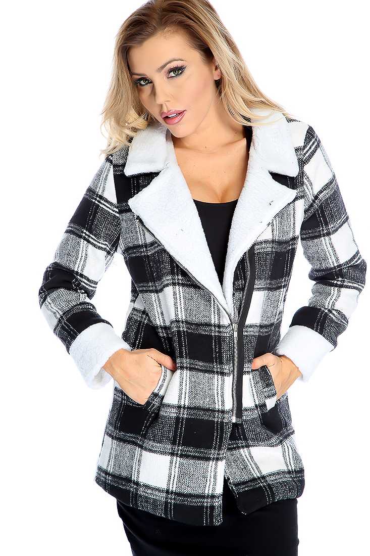 White Black Plaid Print Shearing Detail Jacket