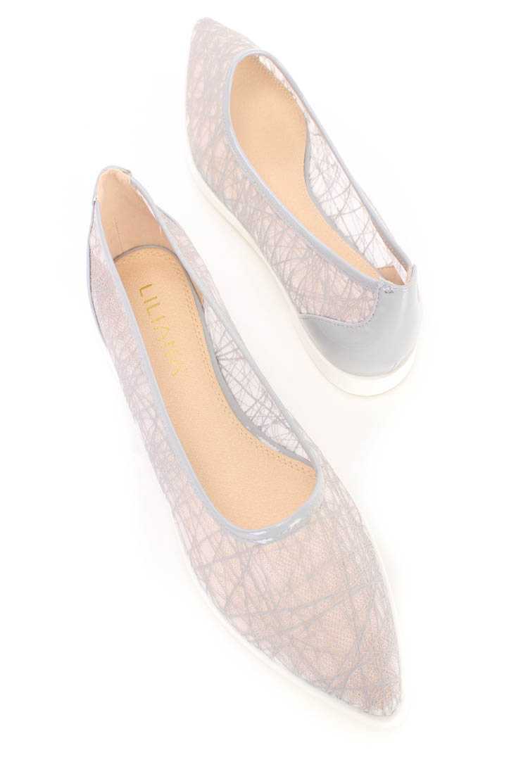 Grey Stringy Pointed Closed Toe Flats Rubber