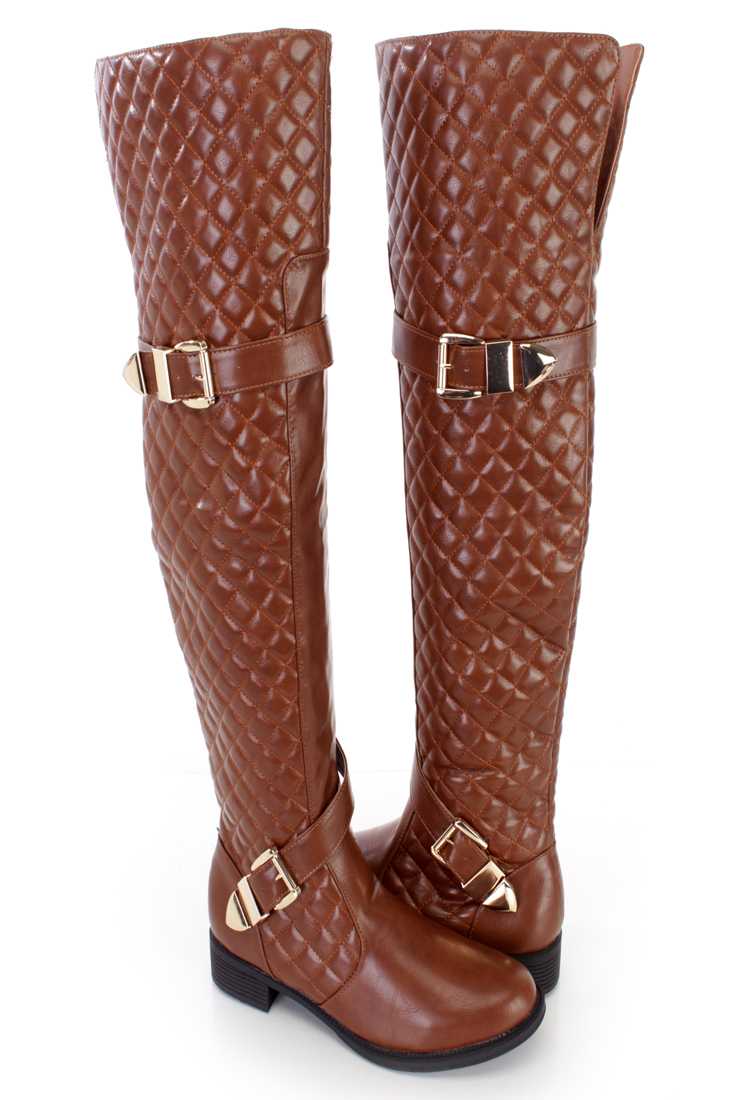 Cognac Quilted Thigh High Riding Boots Faux Leather