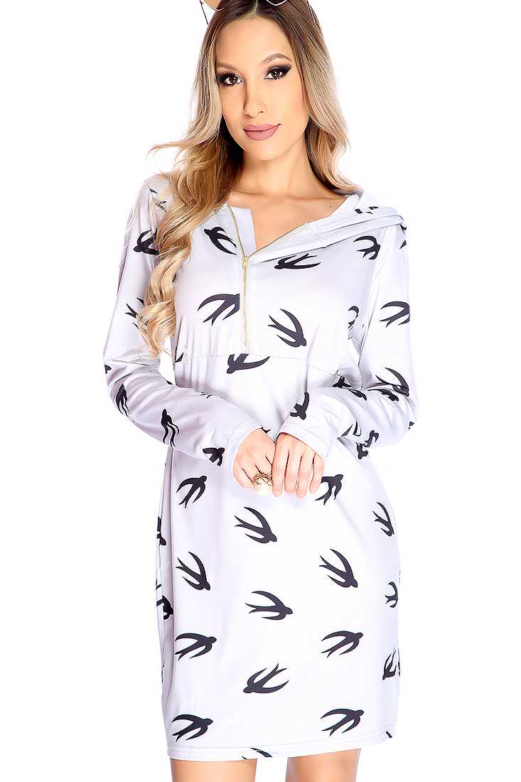 Grey Long Sleeve Bird Print Hooded Casual Dress