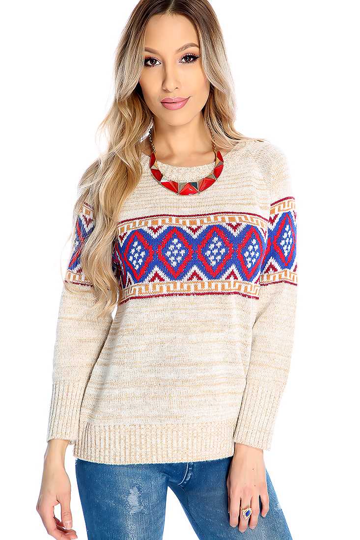 Beige Knitted Design Sweater Top