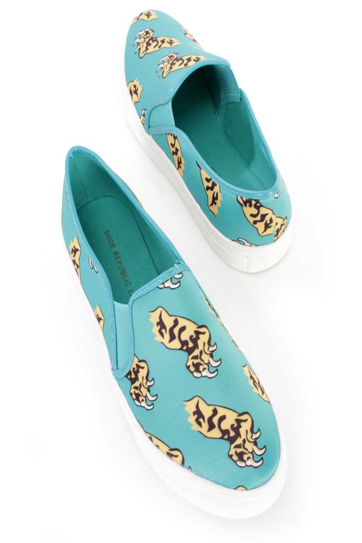 Green Tiger Paw Pattern Loafer Sneakers Satin