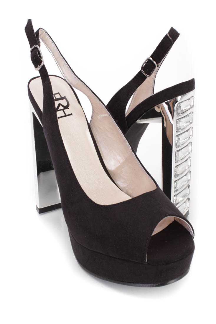 Black Peep Toe Slingback Gemstone High Heels Faux Suede