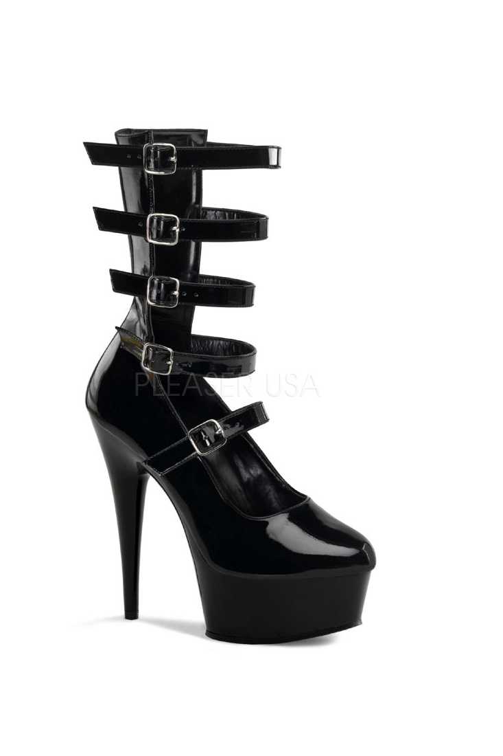 Black Patent Buckle Strapped Heel Boots