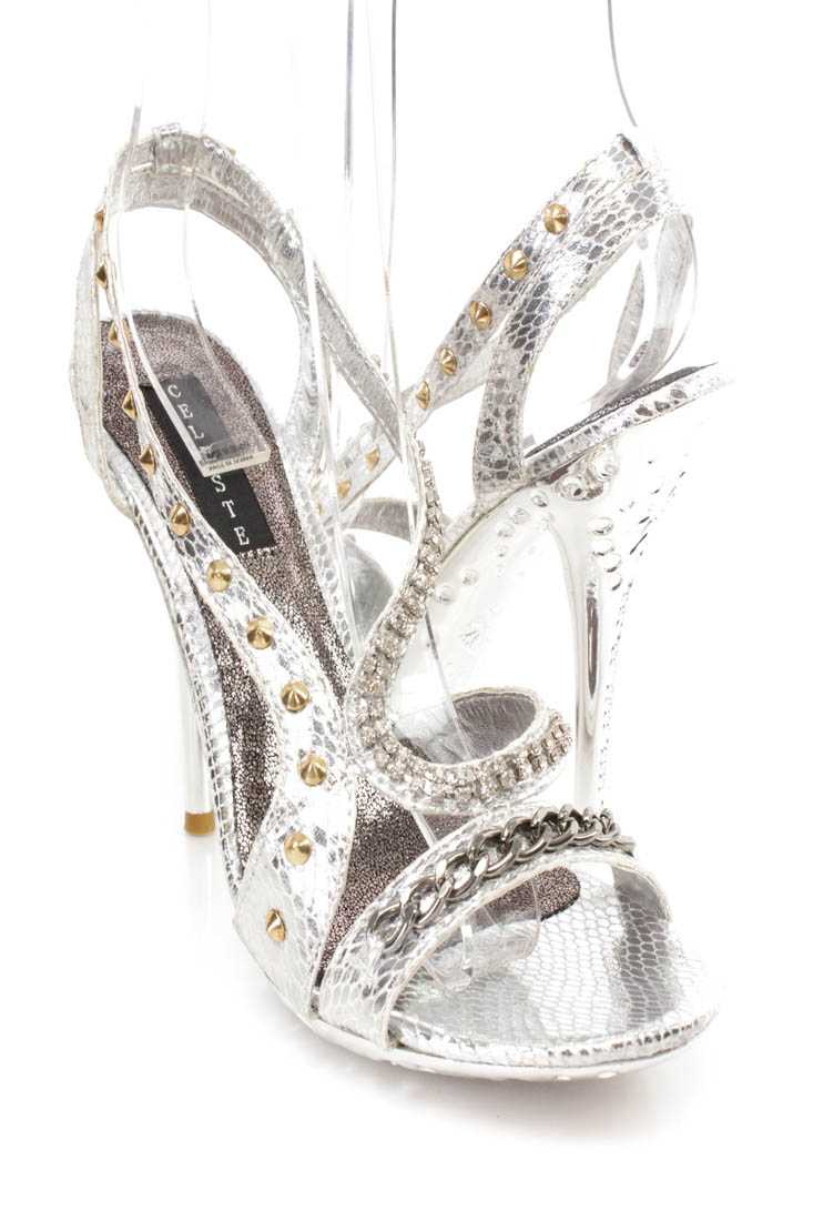 Silver Rhinestone Strappy High Heels Faux Leather