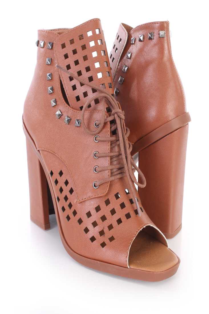 Light Brown Perforated Studded Single Sole Booties Faux Leather