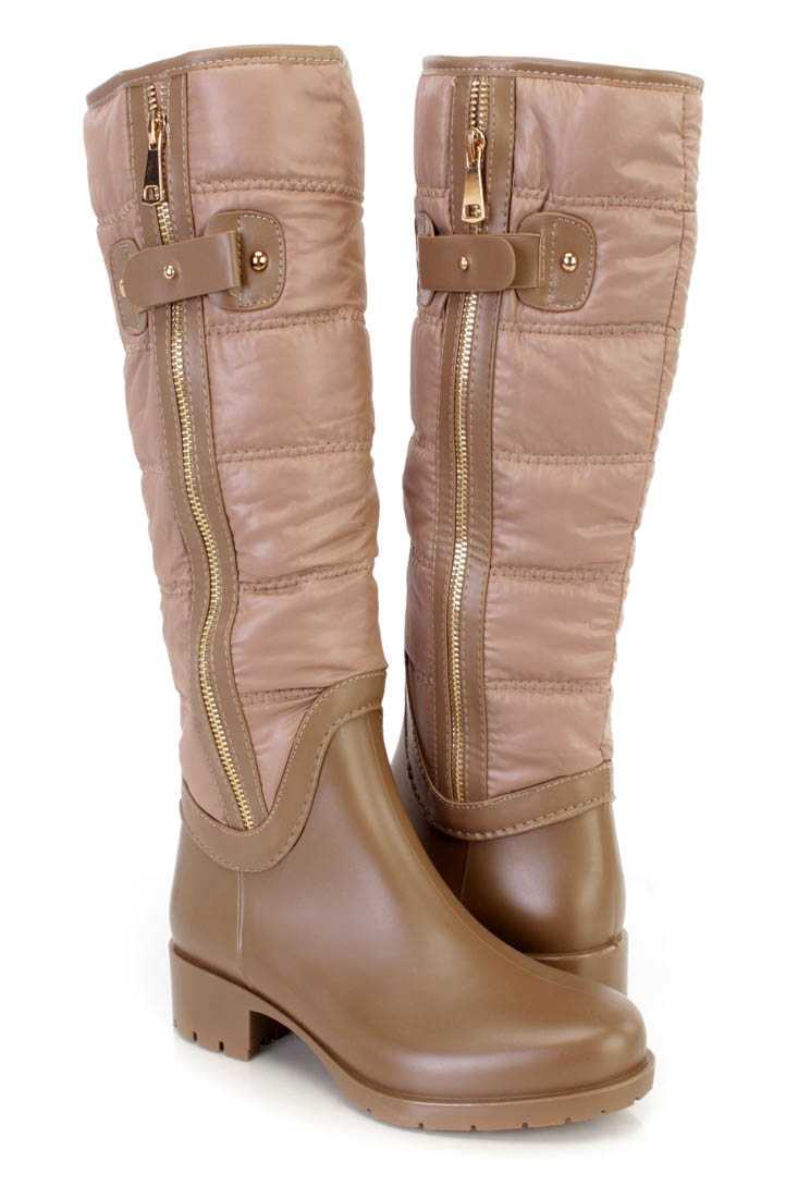 Khaki Stitched Quilted Snow Boots Nylon Rubber