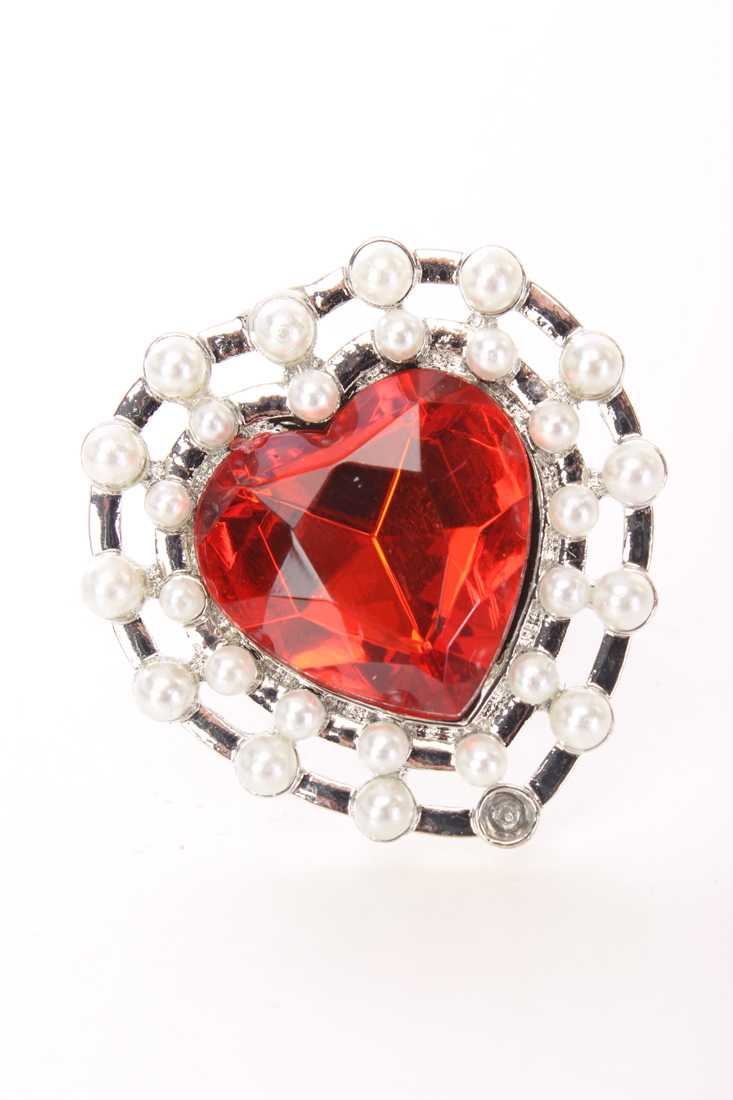 Red Silver Faceted Beaded Heart Shape Ring