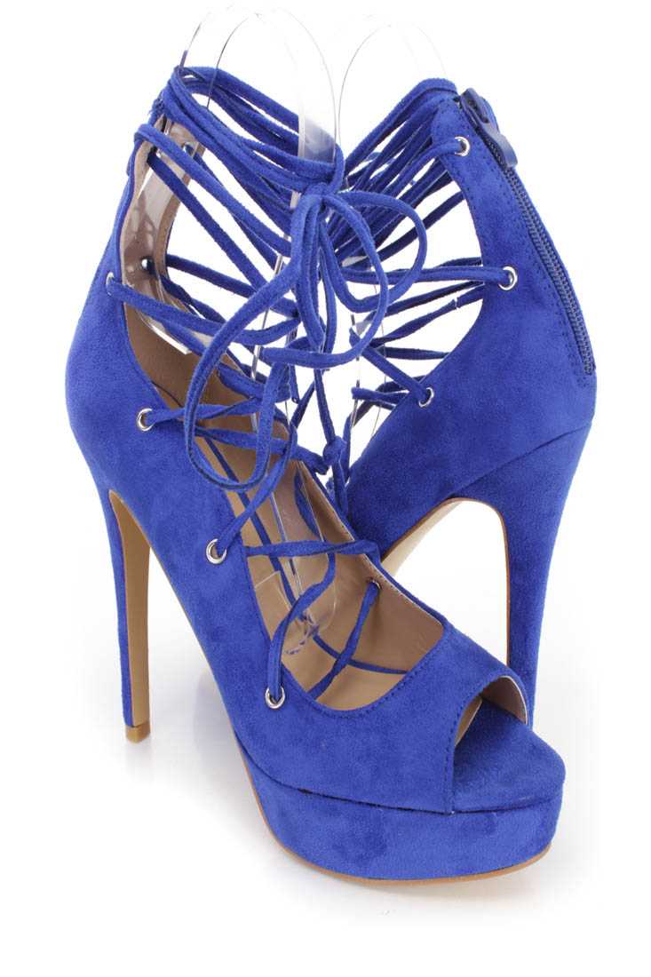 Blue String Tie Lace Up Platform High Heels Faux Suede
